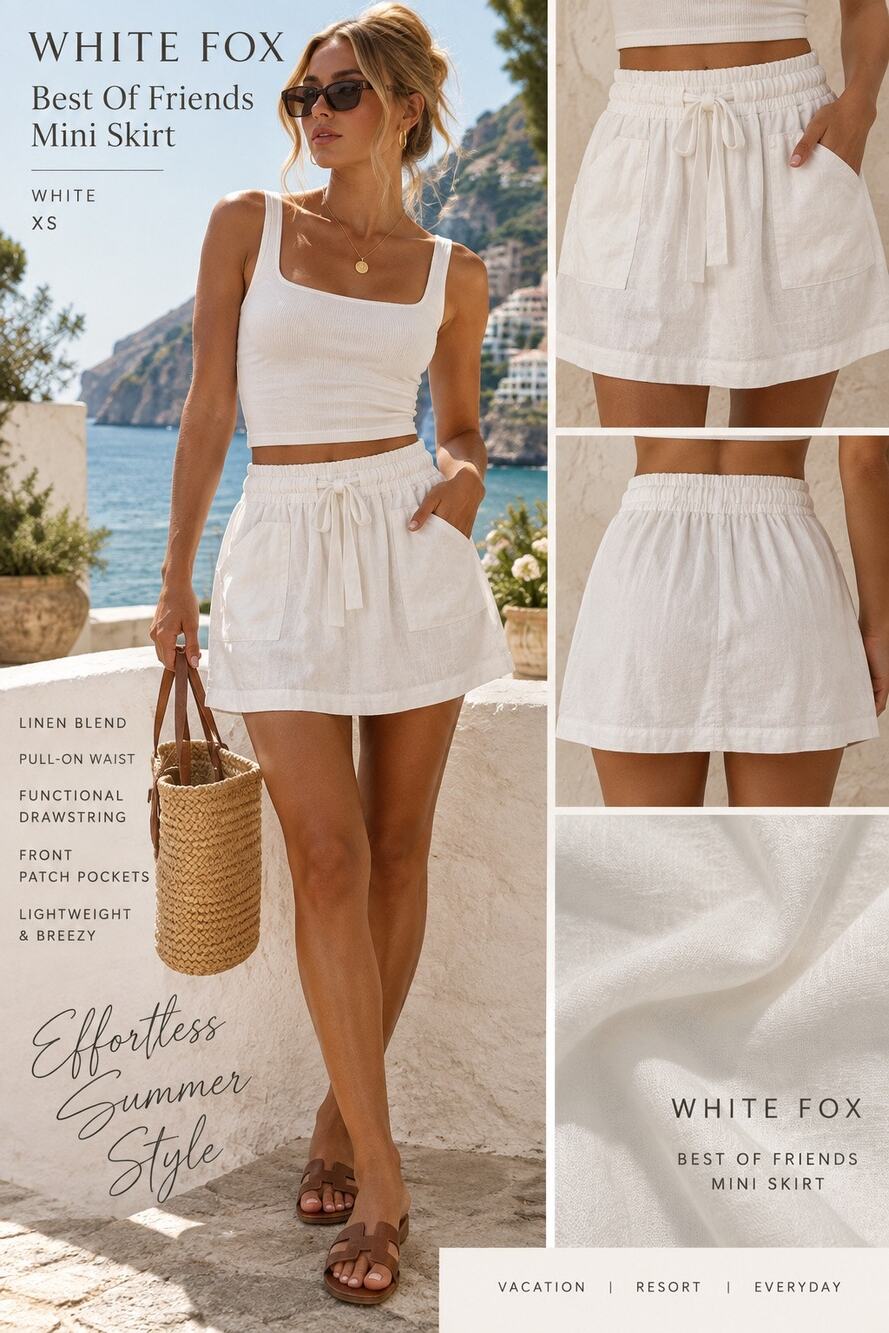 Coastal Resort Preppy Luxe Linen Blend White Mini Skirt Pull On White Fox NWT XS